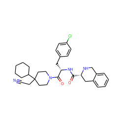 N#CCC1(C2CCCCC2)CCN(C(=O)[C@H](Cc2ccc(Cl)cc2)NC(=O)[C@H]2Cc3ccccc3CN2)CC1 ZINC000028949807