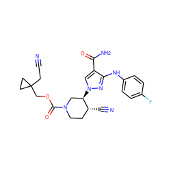 N#CCC1(COC(=O)N2CC[C@@H](C#N)[C@H](n3cc(C(N)=O)c(Nc4ccc(F)cc4)n3)C2)CC1 ZINC000220681601