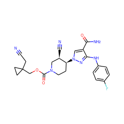 N#CCC1(COC(=O)N2CC[C@H](n3cc(C(N)=O)c(Nc4ccc(F)cc4)n3)[C@H](C#N)C2)CC1 ZINC000220663924