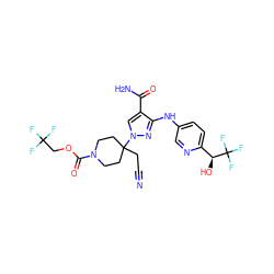 N#CCC1(n2cc(C(N)=O)c(Nc3ccc([C@H](O)C(F)(F)F)nc3)n2)CCN(C(=O)OCC(F)(F)F)CC1 ZINC000221030037