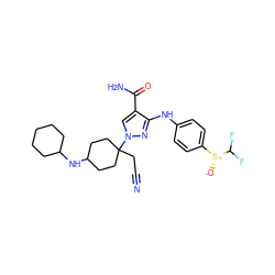 N#CCC1(n2cc(C(N)=O)c(Nc3ccc([S@@+]([O-])C(F)F)cc3)n2)CCC(NC2CCCCC2)CC1 ZINC000219868174