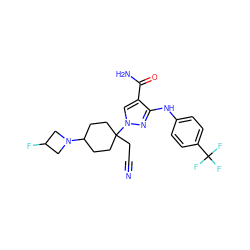 N#CCC1(n2cc(C(N)=O)c(Nc3ccc(C(F)(F)F)cc3)n2)CCC(N2CC(F)C2)CC1 ZINC000221012215