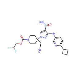 N#CCC1(n2cc(C(N)=O)c(Nc3ccc(C4CCC4)nc3)n2)CCN(C(=O)OCC(F)F)CC1 ZINC000222085178