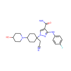 N#CCC1(n2cc(C(N)=O)c(Nc3ccc(F)cc3)n2)CCC(N2CCC(O)CC2)CC1 ZINC000219267462