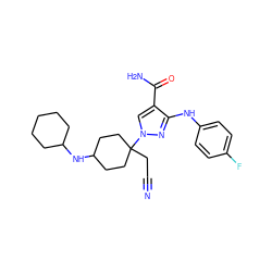 N#CCC1(n2cc(C(N)=O)c(Nc3ccc(F)cc3)n2)CCC(NC2CCCCC2)CC1 ZINC000220985250