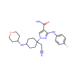 N#CCC1(n2cc(C(N)=O)c(Nc3ccc(F)cc3)n2)CCC(NC2CCOCC2)CC1 ZINC000219227082