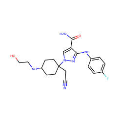 N#CCC1(n2cc(C(N)=O)c(Nc3ccc(F)cc3)n2)CCC(NCCO)CC1 ZINC000222078802