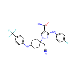 N#CCC1(n2cc(C(N)=O)c(Nc3ccc(F)cc3)n2)CCC(Nc2ccc(C(F)(F)F)cc2)CC1 ZINC000220988837