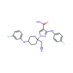 N#CCC1(n2cc(C(N)=O)c(Nc3ccc(F)cc3)n2)CCC(Nc2cccc(Cl)c2)CC1 ZINC000220983898