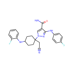 N#CCC1(n2cc(C(N)=O)c(Nc3ccc(F)cc3)n2)CCC(Nc2ccccc2F)CC1 ZINC000220970337