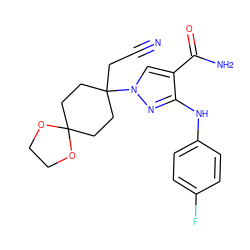 N#CCC1(n2cc(C(N)=O)c(Nc3ccc(F)cc3)n2)CCC2(CC1)OCCO2 ZINC000204980401