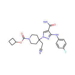 N#CCC1(n2cc(C(N)=O)c(Nc3ccc(F)cc3)n2)CCN(C(=O)OC2CCC2)CC1 ZINC000222085832