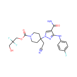 N#CCC1(n2cc(C(N)=O)c(Nc3ccc(F)cc3)n2)CCN(C(=O)OCC(F)(F)CO)CC1 ZINC000219273402