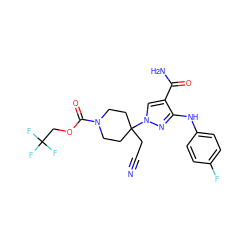 N#CCC1(n2cc(C(N)=O)c(Nc3ccc(F)cc3)n2)CCN(C(=O)OCC(F)(F)F)CC1 ZINC000222085489