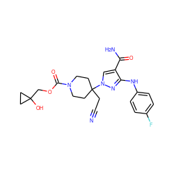 N#CCC1(n2cc(C(N)=O)c(Nc3ccc(F)cc3)n2)CCN(C(=O)OCC2(O)CC2)CC1 ZINC000219275184