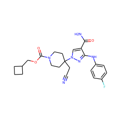 N#CCC1(n2cc(C(N)=O)c(Nc3ccc(F)cc3)n2)CCN(C(=O)OCC2CCC2)CC1 ZINC000220995582