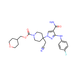 N#CCC1(n2cc(C(N)=O)c(Nc3ccc(F)cc3)n2)CCN(C(=O)OCC2CCOCC2)CC1 ZINC000219332901