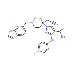 N#CCC1(n2cc(C(N)=O)c(Nc3ccc(F)cc3)n2)CCN(Cc2ccc3cc[nH]c3c2)CC1 ZINC000219281570