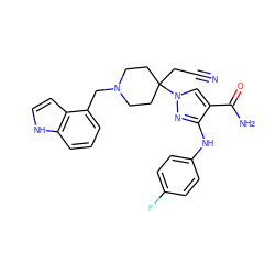 N#CCC1(n2cc(C(N)=O)c(Nc3ccc(F)cc3)n2)CCN(Cc2cccc3[nH]ccc23)CC1 ZINC000219275619