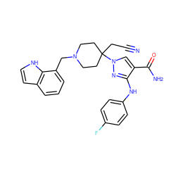 N#CCC1(n2cc(C(N)=O)c(Nc3ccc(F)cc3)n2)CCN(Cc2cccc3cc[nH]c23)CC1 ZINC000222099917