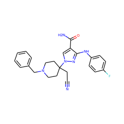 N#CCC1(n2cc(C(N)=O)c(Nc3ccc(F)cc3)n2)CCN(Cc2ccccc2)CC1 ZINC000221010670