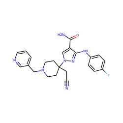 N#CCC1(n2cc(C(N)=O)c(Nc3ccc(F)cc3)n2)CCN(Cc2cccnc2)CC1 ZINC000222082079