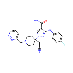 N#CCC1(n2cc(C(N)=O)c(Nc3ccc(F)cc3)n2)CCN(Cc2cccnn2)CC1 ZINC000219272692