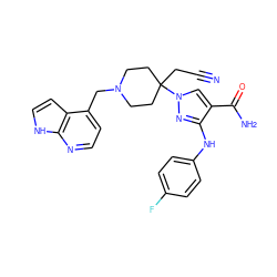 N#CCC1(n2cc(C(N)=O)c(Nc3ccc(F)cc3)n2)CCN(Cc2ccnc3[nH]ccc23)CC1 ZINC000220984121