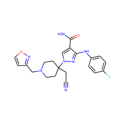 N#CCC1(n2cc(C(N)=O)c(Nc3ccc(F)cc3)n2)CCN(Cc2ccon2)CC1 ZINC000222073500