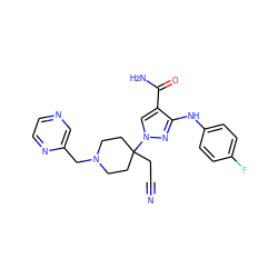 N#CCC1(n2cc(C(N)=O)c(Nc3ccc(F)cc3)n2)CCN(Cc2cnccn2)CC1 ZINC000219282535