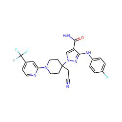 N#CCC1(n2cc(C(N)=O)c(Nc3ccc(F)cc3)n2)CCN(c2cc(C(F)(F)F)ccn2)CC1 ZINC000220970422