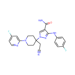 N#CCC1(n2cc(C(N)=O)c(Nc3ccc(F)cc3)n2)CCN(c2cc(F)ccn2)CC1 ZINC000204961548