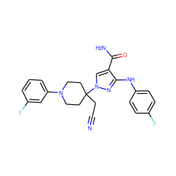 N#CCC1(n2cc(C(N)=O)c(Nc3ccc(F)cc3)n2)CCN(c2cccc(F)c2)CC1 ZINC000204932152