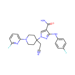 N#CCC1(n2cc(C(N)=O)c(Nc3ccc(F)cc3)n2)CCN(c2cccc(F)n2)CC1 ZINC000204932179