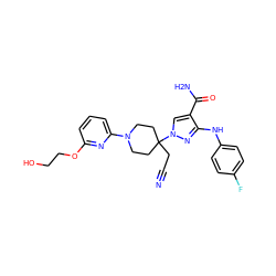 N#CCC1(n2cc(C(N)=O)c(Nc3ccc(F)cc3)n2)CCN(c2cccc(OCCO)n2)CC1 ZINC000205032870