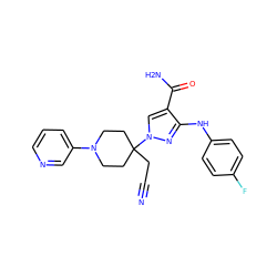 N#CCC1(n2cc(C(N)=O)c(Nc3ccc(F)cc3)n2)CCN(c2cccnc2)CC1 ZINC000204932202