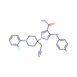 N#CCC1(n2cc(C(N)=O)c(Nc3ccc(F)cc3)n2)CCN(c2cccnc2F)CC1 ZINC000205066588