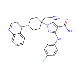 N#CCC1(n2cc(C(N)=O)c(Nc3ccc(F)cc3)n2)CCN(c2ccnc3ccccc23)CC1 ZINC000205023085