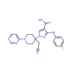 N#CCC1(n2cc(C(N)=O)c(Nc3ccc(F)cc3)n2)CCN(c2ccncn2)CC1 ZINC000218409086