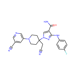 N#CCC1(n2cc(C(N)=O)c(Nc3ccc(F)cc3)n2)CCN(c2cncc(C#N)c2)CC1 ZINC000205042228