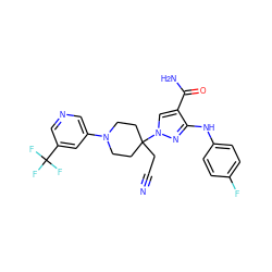 N#CCC1(n2cc(C(N)=O)c(Nc3ccc(F)cc3)n2)CCN(c2cncc(C(F)(F)F)c2)CC1 ZINC000205032765