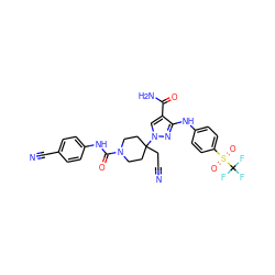 N#CCC1(n2cc(C(N)=O)c(Nc3ccc(S(=O)(=O)C(F)(F)F)cc3)n2)CCN(C(=O)Nc2ccc(C#N)cc2)CC1 ZINC000219345583