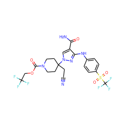 N#CCC1(n2cc(C(N)=O)c(Nc3ccc(S(=O)(=O)C(F)(F)F)cc3)n2)CCN(C(=O)OCC(F)(F)F)CC1 ZINC000220992256