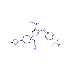 N#CCC1(n2cc(C(N)=O)c(Nc3ccc(S(=O)(=O)C(F)F)cc3)n2)CCC(N2CC(F)C2)CC1 ZINC000222089008