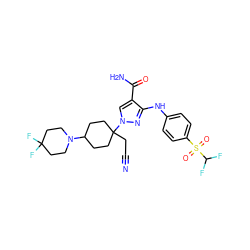 N#CCC1(n2cc(C(N)=O)c(Nc3ccc(S(=O)(=O)C(F)F)cc3)n2)CCC(N2CCC(F)(F)CC2)CC1 ZINC000220973875