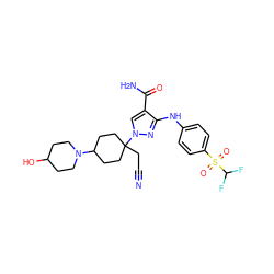 N#CCC1(n2cc(C(N)=O)c(Nc3ccc(S(=O)(=O)C(F)F)cc3)n2)CCC(N2CCC(O)CC2)CC1 ZINC000219275490