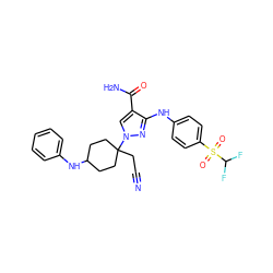 N#CCC1(n2cc(C(N)=O)c(Nc3ccc(S(=O)(=O)C(F)F)cc3)n2)CCC(Nc2ccccc2)CC1 ZINC000221006156