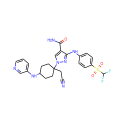 N#CCC1(n2cc(C(N)=O)c(Nc3ccc(S(=O)(=O)C(F)F)cc3)n2)CCC(Nc2cccnc2)CC1 ZINC000219280785