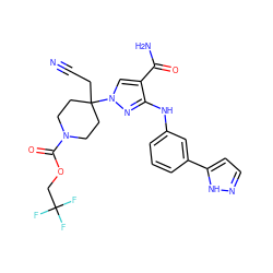 N#CCC1(n2cc(C(N)=O)c(Nc3cccc(-c4ccn[nH]4)c3)n2)CCN(C(=O)OCC(F)(F)F)CC1 ZINC000222096360