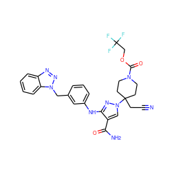 N#CCC1(n2cc(C(N)=O)c(Nc3cccc(Cn4nnc5ccccc54)c3)n2)CCN(C(=O)OCC(F)(F)F)CC1 ZINC000204970880